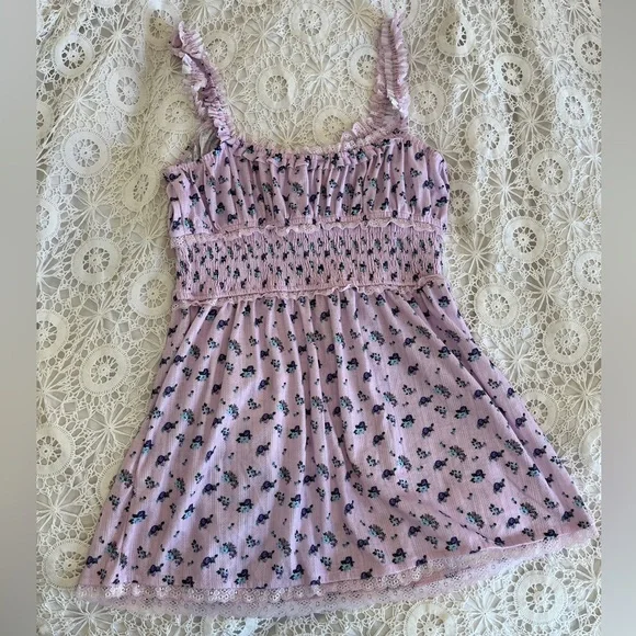 For Love and Lemons Lola Pointelle Dress purple ditsy floral baby doll dress - Picture 9 of 9